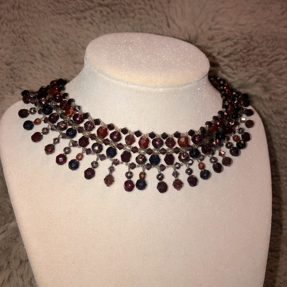 VTG Rachel Reinhardt Garnet Colour Crystal Beaded Collar Bib Necklace 11” -  14” - Picture 2 of 6